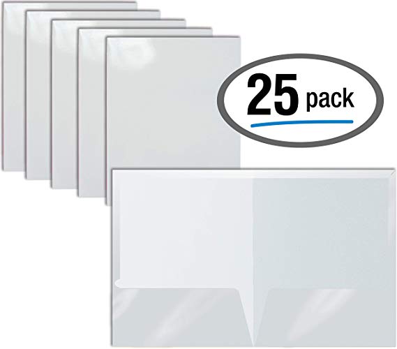 2 Pocket Glossy Laminated White Paper Folders, Letter Size, 25 Pack, White Paper Portfolios by Better Office Products, Box of 25 White Folders