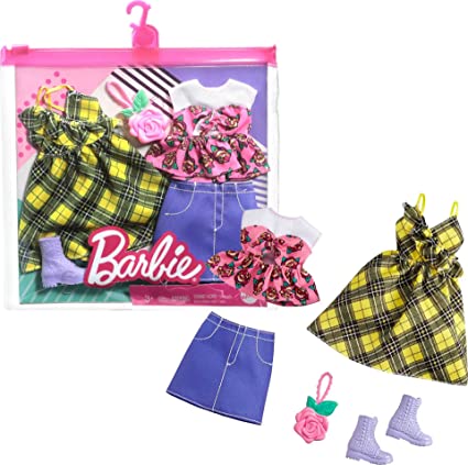 Barbie Fashions 2-Pack Clothing Set, 2 Outfits Doll Include Yellow Plaid Dress, Floral Top, Denim Skirt & 2 Accessories, Gift for Kids 3 to 8 Years Old