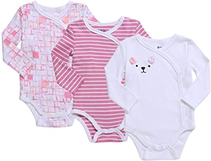 Baby Girl's 3-Pack Long-Sleeve Kimono Bodysuit Set -Side Snap Onesie Infant Bundle.
