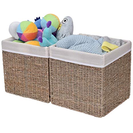 StorageWorks Rectangular Wicker Storage Baskets, Seagrass Basket with Lining, Large Baskets for Cube Storage, 11.8"x11.8"x11.8", 2-Pack