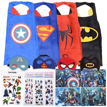 Superhero Cape and Mask Costumes for Kids ThemeCo Original Dress Up SET- 4 Satin Capes, 4 Masks, Stickers, Tattoos and Puzzles