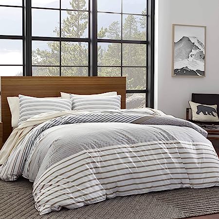 Eddie Bauer Home | Cooper Collection | 100% Cotton Stripe Duvet Cover Matching Shams, 3-Piece Bedding Set, Buttons & Corner Ties to Ensure Placement, Full/Queen, Neutral