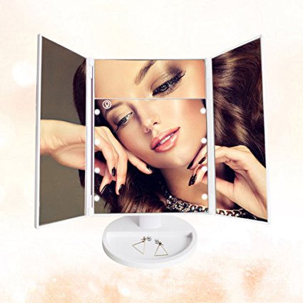 Lifecolor Vanity Makeup Mirror Trifold 8 LED Lighted with Touch Screen, 1x/5x Magnification 3 Panels and USB Charging/Battery Operated, 180° Adjustable Stand Countertop Makeup Mirror (White)