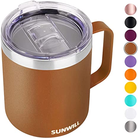 SUNWILL Coffee Mug with Handle, 14oz Insulated Stainless Steel Coffee Travel Mug, Double Wall Vacuum Reusable Coffee Cup with Lid, Powder Coated Caramel