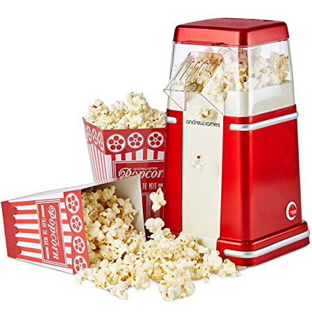 Andrew James Classic Retro Hot Air Popcorn Maker, For Fresh & Fat-Free Popcorn - Includes 4 Popcorn Boxes & 2 Year Warranty