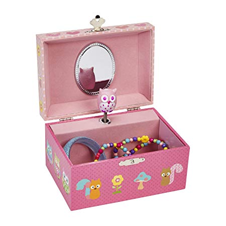 JewelKeeper Pink Owl and Friend's Music Jewelry Box with Dancing Owl, Dotted Pink Design, Swan Lake Tune