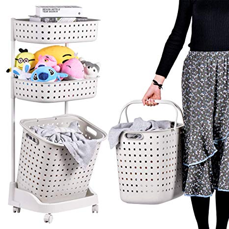 Laundry Basket With Wheel Rolling Laundry Sorter 3-Tier Basket Stand With 6 Side Hooks For Kitchen Bathroom Trolley Dirty Clothes Bag Washing Bin Home Office School Beauty Salon Utility Organizer Cart