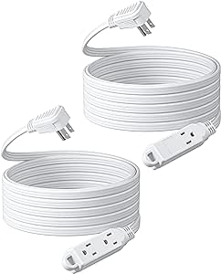 DEWENWILS 3 Outlet Extension Cord with Flat Plug, 20 FT 16/3 Awg Grounded Power Cable for Indoor Use, SPT-3 Cord, White, ETL Listed, 2 Pack