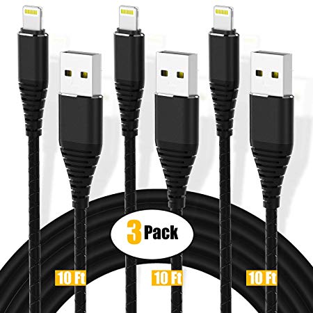 3Pack 10ft Charger Cord CABEPOW for Long 10 Foot iPhone Charging Cable/Data Sync Fast iPhone USB Charging Cable Cord Compatible with iPhone X/8/8 Plus/7/7 Plus/6/6s Plus/5s/5,iPad Mini/Air(Black)