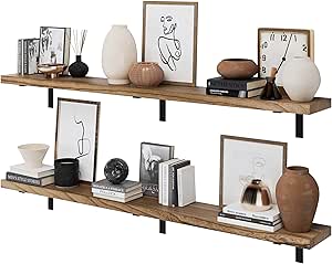 Wallniture Cervo 72"x9.5" Floating Shelves for Wall, Living Room Wall Book Shelf, Floating Shelf with Metal Heavy Duty Brackets, Wall Shelf for Kitchen, Wood Wall Shelves, Burnt Set of 2