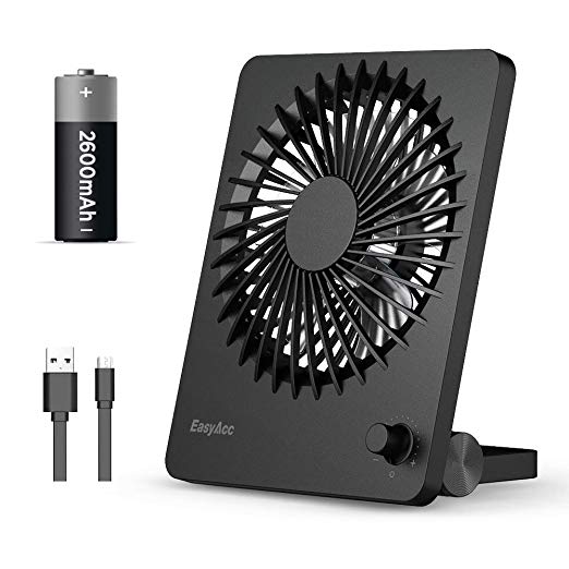 EasyAcc Desk Fan,Rechargeable Personal Battery Fan Portable Mini USB Fan 160° Vertical Rotation Stepless Speed Regulation Table Fan Quiet 2600mAh Battery Powered Fan for Camping Office Outdoor-Black