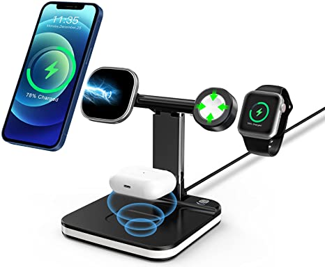 EWA 4 in 1 Cell Phone Stand, Wireless Charging Station Compatible with iphone13/pro/pro Max, iPhone 12/ Pro Max/Mini and Apple Watch 7/6/ 5/4/3,Airpods 2/Pro-Blcak (Apple Watch Charger Not Included)