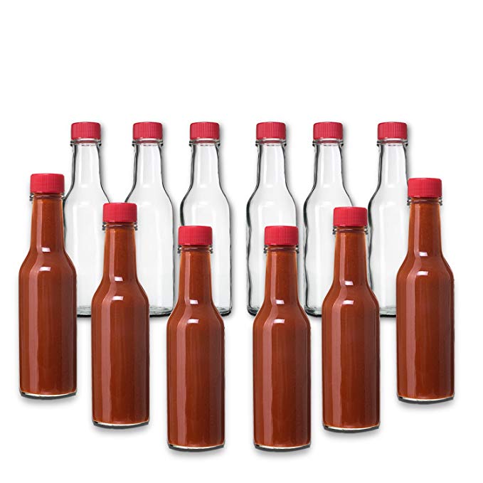 12 Pack - 5 Oz Hot Sauce Woozy Bottles, Small Empty Glass Bottles with RED Caps and Drip Dispensing Tops for Salsa, Pepper, Vinegar, Hot Sauce, Pepper Sauce, By Premium Vials