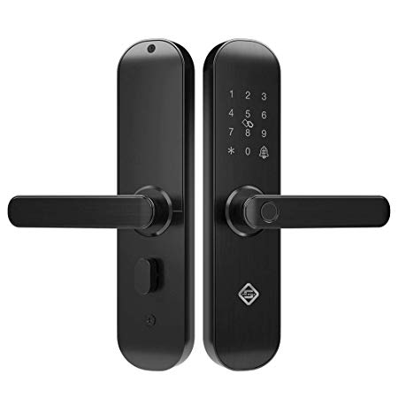 PINEWORLD Touchscreen Fingerprint Smart Lock, Q202 Electronic Keyless Entry Door Mortise Lock with RFID Cards  TUYA App Remotely and Mechanical Key for Door Security (Cool Black, Right)