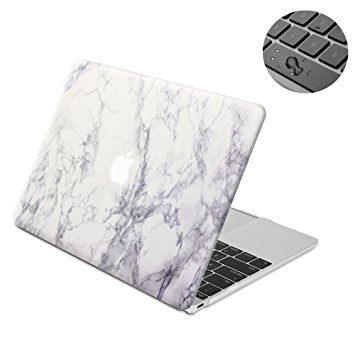 Macbook Retina 12 Case, Topinno Hard Shell Print Frosted Case & Keyboard Cover for The New Macbook (Model: A1534) - White Marble Rubber Coated Cover
