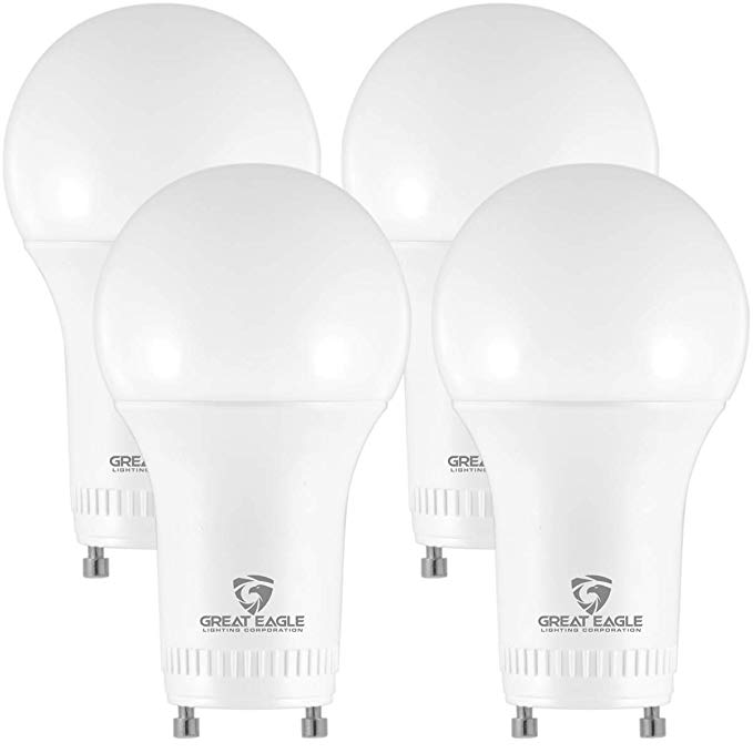 Great Eagle LED GU24 Base, A19 Shape, 9W (60W Equivalent), Dimmable, 2700K Warm White, 800 Lumens, UL Listed, Twist-in Light Bulb (4-Pack)