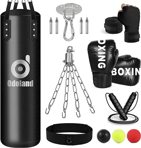 Odoland 8-In-1 Punching Bag Unfilled Set for Adult Men and Women, 3.28FT Kick heavy boxing bag with 12OZ Boxing Punching Gloves and Hand Wraps, 3-Balls Reflex Ball Set, Jumping Rope for MMA, Muay Thai