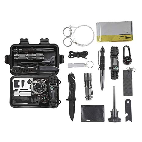 CO-Z Survival Kit for Emergency Camping Hiking, All In One Professional Little Outdoor Survival Gear Tool with Tactical Knife/Pen Fire Starter Flashlight Saber Card Compass for Kids Adventure Lovers