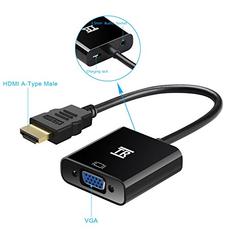 TechRise HDMI to VGA, Gold Plated High-Speed 1080P Active HDTV HDMI to VGA adapter Converter Male to Female with Audio and Mirco USB Charging Cable