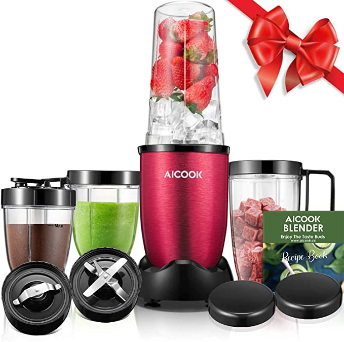 Aicook Smoothie Blender (BPA free), 780W High-Speed Personal Blender, 15-Piece Smoothie Maker/Mixer Included 4-Piece BPA-Free Blender Bottles, Two SUS 304 Stainless Steel Blades, Red