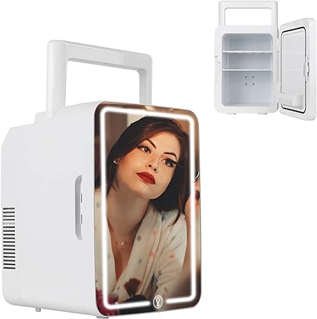 Saint Kang Skincare Fridge 12L Hot&Cold, Portable Makeup Fridge with Mirror and Light, AC/DC Beauty Fridge for Bedroom, Office and Car(White)