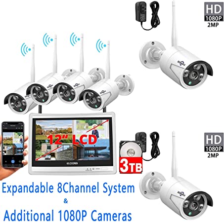 Hiseeu Wireless Security Camera System with Monitor and 2Pcs Additional Camera