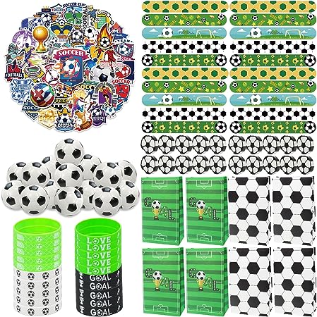 Soccer Party Favors 150Pcs Soccer Party Supplies Toy Soccer Balls Slap Bracelets Silicone Wristbands Soccer Theme Stickers Soccer Theme Gift Bags Soccer Erasers, Gifts for Kids Students