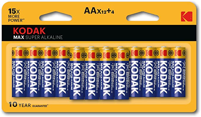 KODAK Alkaline Batteries AA Size Pack (16), 10 Year Shelf Life, Double A Battery High Performance, 1.5v Mignon Lr06 Mn1500, All Purpose AA Batteries