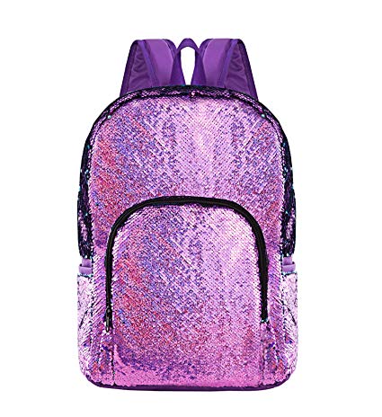 HeySun Glitter Sequins Backpack Girls Flip Travel Backpack (Sparkly Violet/LightBlue)