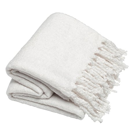 Sova Faux Mohair Brushed Throw Blanket (50" x 60", White) | Cozy Soft with Fringed Edge Wrapped with Ribbon
