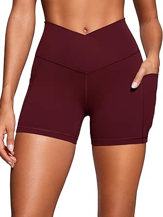 CRZ YOGA Womens Butterluxe Cross Waist Biker Shorts 4" - V Crossover High Waisted Workout Gym Yoga Shorts with Side Pockets