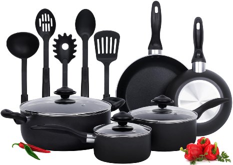 13-Pieces - Heavy Duty Cookware Set - Black Highly Durable Even Heat Distribution Double Nonstick Coating - Multipurpose Use for Home Kitchen or Restaurant - By Utopia Kitchen
