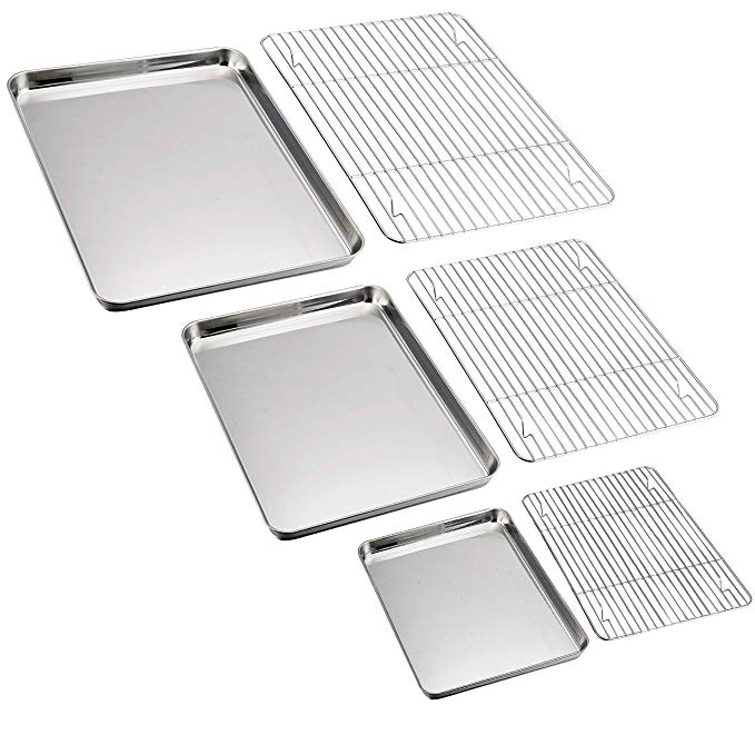 P&P CHEF Baking Sheet and Rack Set, 6 PACK (3 Sheets   3 Racks), Stainless Steel Baking Cookie Sheets Pans with Cooling Rack for Baking and Roasting, Oven & Dishwasher Safe