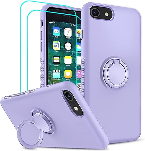 LeYi for iPhone 8/7/ 6s/ 6 Case with 2 PCS Glass Screen Protector for Girls Women, Liquid Silicone Cute Slim Shockproof Protective Case Cover with Stand for Apple iPhone 8/7/ 6s/ 6, Purple