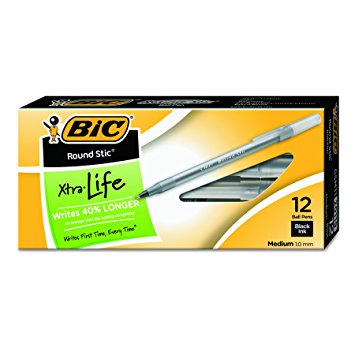 BIC Round Stic Xtra Life Ball Pen, Medium Point (1.0mm), Black, 12-Count
