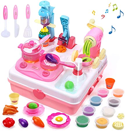Playdough Sets Play Dough Tools Kit Kitchen Creations Ice Cream Maker Machine, Sink Toy Cooking Toys with Sound and Light (8 Colors Play Dough Included)