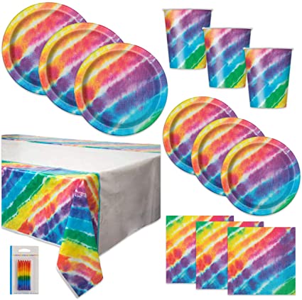 Tie Dye Theme Birthday Party Supplies Set - Serves 16 Guests - Table Cover, Large and Small Plates, Cups, Napkins, Candles