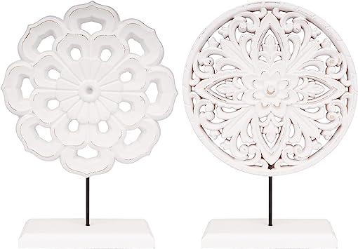 AXEARTE 2 Pack Wooden Carved Cutout Flower Medallion Sculpture, Rustic Distressed White MDF Statues Home Tabletop Decor, Decorative Ornaments for Living Room, Bedroom, Office Desktop, Cabinets