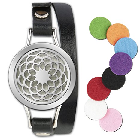 Essential Oil Diffuser Bracelet,Stainless Steel Aromatherapy Locket Bracelets Leather Band with 8 Color Pads,Girls Women Jewelry Gift Set