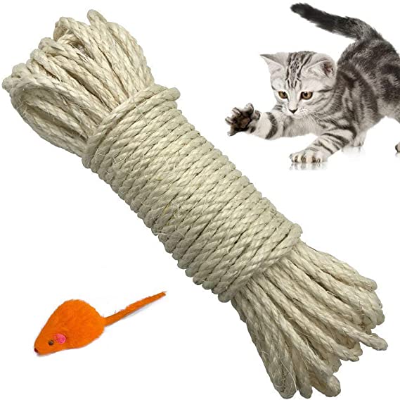Yangbaga Cat Natural Sisal Rope for Scratching Post Tree Replacement, Hemp Rope for Repairing, Recovering or DIY Scratcher, 6mm Diameter, Come with One Ratter Mice (33FT) White