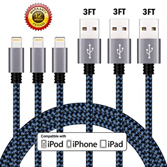 iPhone Charger Cable, Atill Premium Nylon Braided Lightning Cable Extra Long Charging Cord for iPhone 7 Plus 7 6 6s Plus 5 5s 5c SE iPad iPod & More( 3 Pack,Blue) (3ft)…