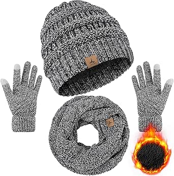 Winter Beanie Hat Scarf Gloves, Warm Fleece Knit Winter Hats Touch Screen Gloves Neck Scarf Set Winter Gifts for Unisex Adult