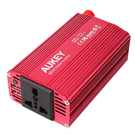 AUKEY Power Inverter 300W 12V to 230V, with 1 AC Outlet & 2.4A*2 USB Ports for Laptop, Digital Camera, Tablet, Smartphone, Fan and other Household Appliance