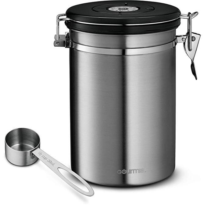 Gourmia GCC9390 Coffee Canister – Stainless Steel Storage container with Airtight Lid, CO2 Vent Valve, Measuring Scoop and Date Tracker Wheel - Holds 1.5lbs Whole Beans or 1.2lbs Grounds