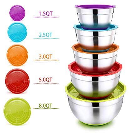 Mixing Bowls with Lids Set of 5, P&P CHEF 10-Piece Stainless Steel Nesting Salad Bowls for Mixing Storing Prepping, Size 8/5/3/2.5/1.5 QT, Clear Measurement Marks & Colorful Non-Slip Base