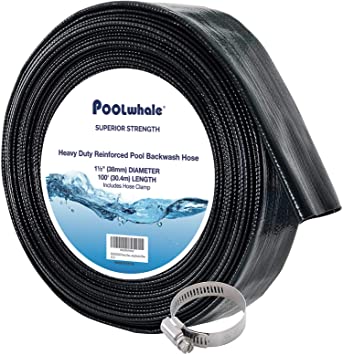 POOLWHALE Heavy Duty 1-1/2" x 100' Thick 1.2mm Black Backwash Pool Hose with Clamp - Flat Water Discharge Hose - Chemical and Weather Resistant - Drain Clean Swimming Pools & Filters