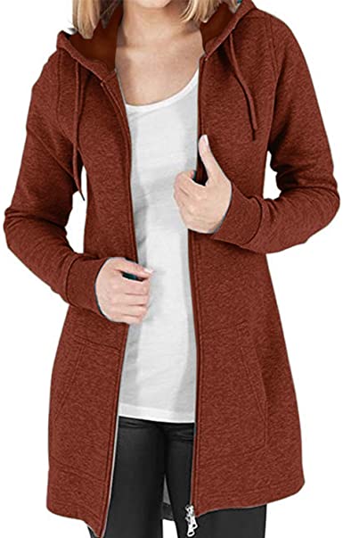 Kidsform Women's Full Zip Hoodie Long Sleeve Casual Long Sweatshirts Solid Hooded Jacket with Pockets