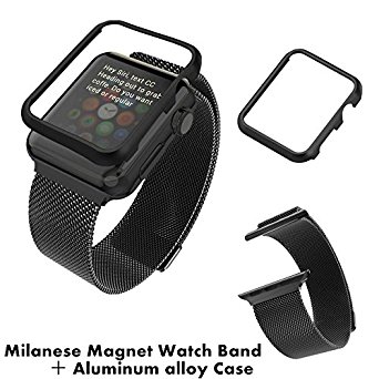 apple watch Series 1/2 Band with Aluminum alloy Protective Case,Acoverbest Unique Milanese Magnet Lock Stainless Steel Bracelet Strap Bands(Black-38mm)