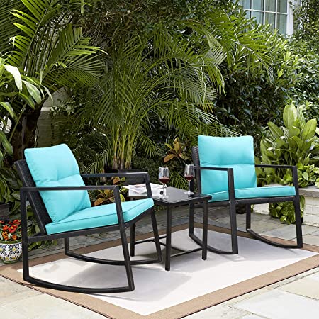 Greesum GS-3RRCSBU 3 Pieces Patio Furniture Set, Glass Coffee Table, Blue