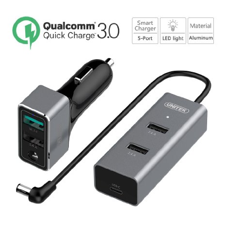 Quick Charge 3.0 Dual Car Charger  3-Port USB Hub, UNITEK 66W USB Aluminum Smart Car Charger (1-Port QC3.0   1-Port USB-C  3-Port 2.4A) For iPhone, iPad, Galaxy S7/S6, Nexus 5X 6P - USB Extension Hub